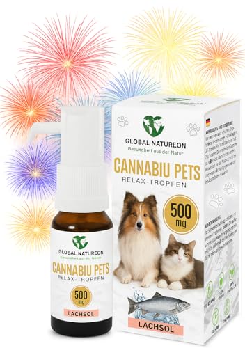 GLOBAL NATUREON® Cannabiu Pets Relax-Tropfen Lachsöl & Hanföl 500mg für Hunde und Katzen aus Samen, Tropfen für Reisen, Tierarztbesuche, Lärm und Fellpflege, Omega 3,6 & 9, 100% Natürlich