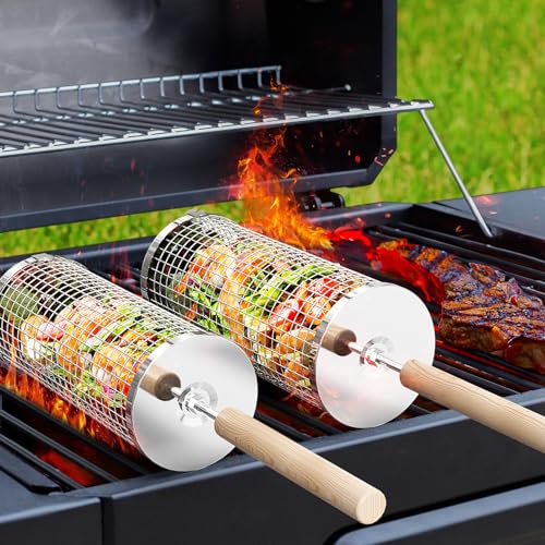 ivtivfu Nestbar Rollender Grillkorb, Abnehmbarer Holzgriff, Edelstahl 304, Outdoor Küche Grill Zubehör für Gemüse, Garten Camping Gadgets für Gasgrill, Geschenke Geburtstagsgeschenk für Männer Papa