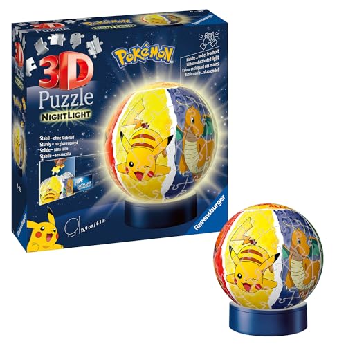 Ravensburger 3D Puzzle 11547 - Nachtlicht Puzzle-Ball Pokémon - für Pokémon Fans ab 6 Jahren, LED Nachttischlampe mit Klatsch-Schalter