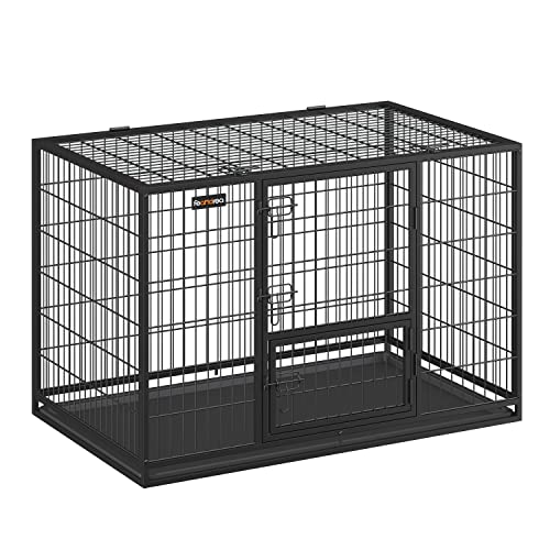 Feandrea Hundekäfig hochbelastbar, Gitterbox, transportabler Haustierkäfig, 122 x 75,5 x 80,5 cm, für mittelgroße, große Hunde, sicher, 2 abnehmbare Türen, Welpenauslauf, XXL, tintenschwarz PPD003B01