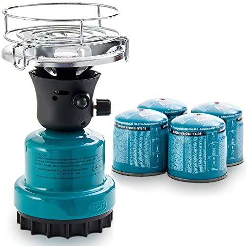 TOM Adventure Gas Campingkocher Set mit 4 x Butan Gaskartusche – 1 - flammig – Piezo-Zündung – Kartuschenkocher für Camping, Festivals & Outdoor Aktivitäten oder als Kohleanzünder