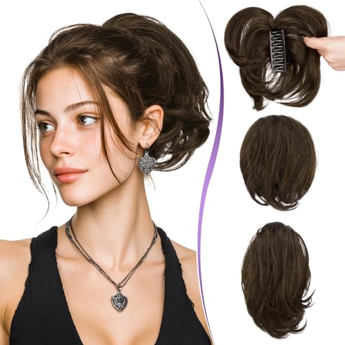 RUWISS Pferdeschwanz Haarteil mit Klammer Echthaar Kurze 22cm Ponytail Extension mit Biegbaren Metall für DIY-Frisuren Gerade Messy Bun Haarteil für Damen, Dunkelbraun