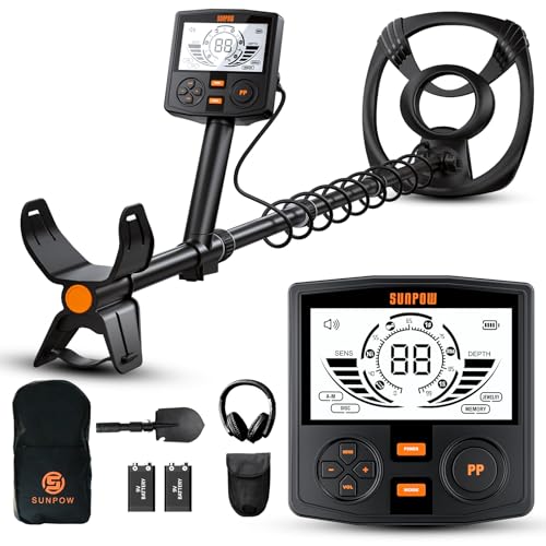 SUNPOW Metalldetektor – 5 Modi Profi für Erwachsene, Pinpointer, IP68 wasserdichte 30 cm Suchspule, 2X HD-LCD Display, DSP-Chip, Verstellbarer Schaft, Robuste Spiralstruktur, Komplettes Set