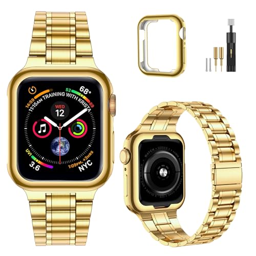 MioHHR Edelstahl mit Armband kompatibel mit Apple Watch Series 9 8 7 6 5 4 3 2 1 SE 38mm 40mm 41mm, Gold