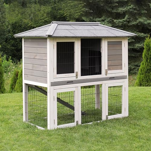 Miweba MyAnimal Hasenstall MH-28 | 116x63x116 cm - Kaninchenstall mit Freilaufgehege - Doppelstockhaus 2 Ebenen - Hasenkäfig - Imprägniert - Kaninchenkäfig Winterfest - Indoor und Outdoor (Grau/Weiß)