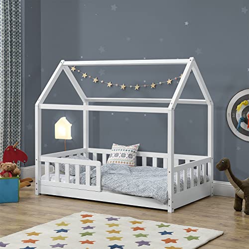 Juskys® Kinderbett Marli 80 x 160 cm mit Rausfallschutz, Lattenrost und Dach - Hausbett für Kinder aus Massivholz - Bett in Weiß