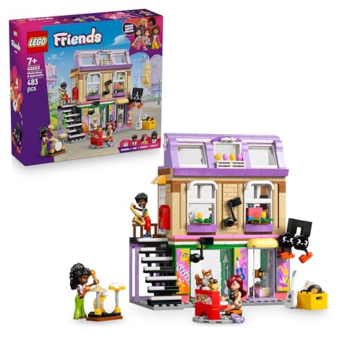 LEGO Friends Musikladen & Wohnung - Spielzeug mit 3 Mini-Puppen, Einer Corgi Tierfigur und Musikinstrumenten wie Klavier, Schlagzeug, Gitarren & Zubehör - Geschenk für Mädchen ab 7 Jahren - 42653