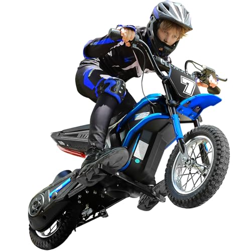 ELEMARA 24V Motorrad Elektrisch für Kinder, 250W Dirt Bike W/Rücklichtern,Musik,22,5 KM/H & 75 KG Max, Kettenantriebsmotor,Drehgasgriff & Handbetätigte Hinterradbremse,12