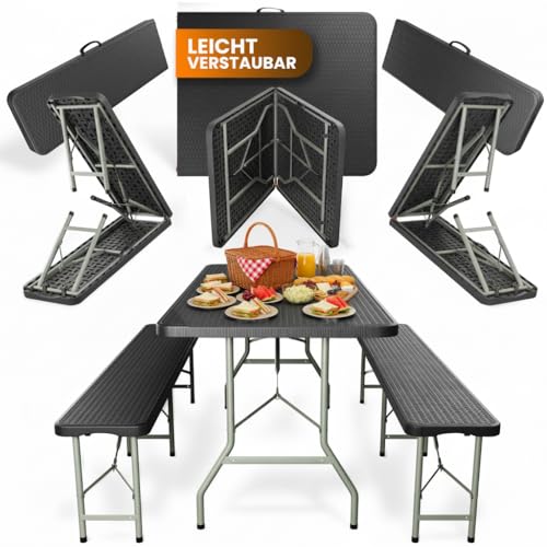 Rosentahl Skyfold Bierzeltgarnitur Klappbar aus Kunststoff – Faltbare Biertischgarnitur mit Tisch und 2 Bänken – Wetterfeste Klappgarnitur für Garten, Party und Camping