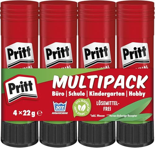 Pritt Klebestift, sicherer und kinderfreundlicher Bastelkleber für Kunst und Bastelarbeiten, starker Kleber für Schule & Bürobedarf, 4x22g Pritt Stift
