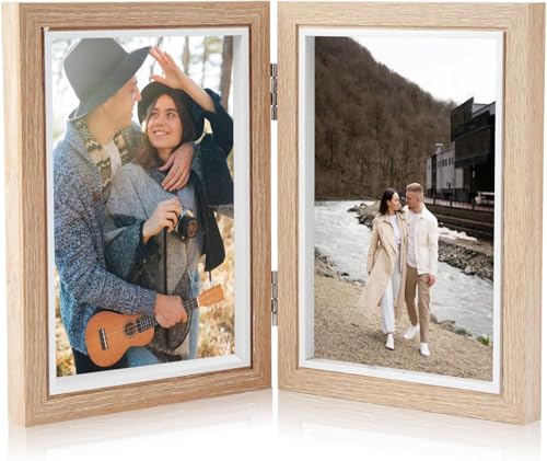 EclipseGuard Doppelbilderrahmen 10x15, Bilderrahmen Doppelt Klappbare, Klappbarer Bilderrahmen aus Holz mit Glasscheibe, 2 Fotos, für Desktop, Heimdekoration