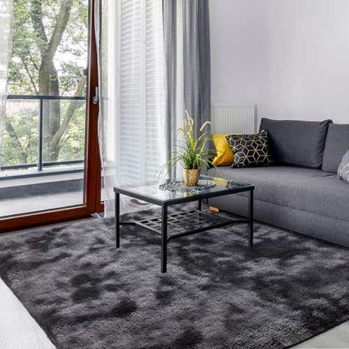 SOANNY Hochflor Wohnzimmer Teppich, Waschbar Anti-Rutsch & Flauschig, Tie-Dye Langflor Teppiche für Schlafzimmer & Kinderzimmer, Bettvorleger Matte, 120 x 180 cm, Dunkelgrau