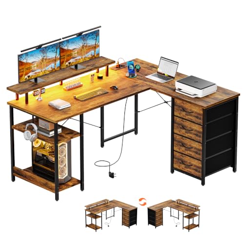 YOUDENOVA Schreibtisch mit 4 Schubladen, 142x107cm Reversibel Eckschreibtisch mit LED, Steckdose, Gaming Tisch L-Form mit Monitorablage, Stauraum, Vintage-Braun Computertisch für Homeoffice & Gamer