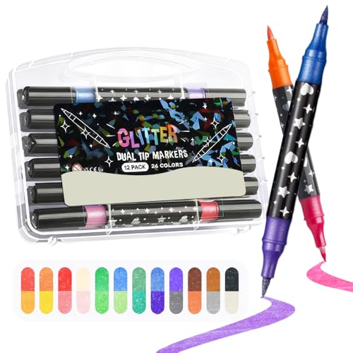 Acrylstifte Wasserfest, 12/24/36/48 Pack Dual Tip Glitter Marker Pen, 3d Stift Und Acrylfarben für Rock Painting, Glas, Leinwand, Keramik, Stoff, DIY Crafts, Weihnachtsstrumpf Stuffers (12Pcs)