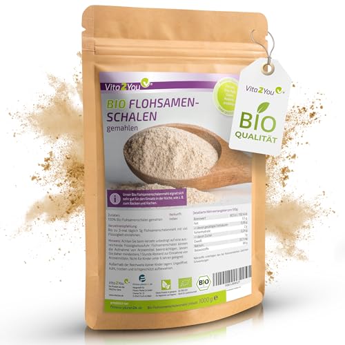 Vita2You Bio Flohsamenschalen gemahlen 99% Reinheit - 1kg - indisches Flohsamenschalen-Mehl - Ideal zum Backen - 1000g - Premium Qualität