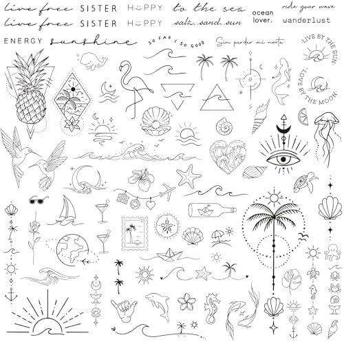 COMOOKA 3 Bögen Temporäre Tattoos 2 Wochen - Sommer Tattoos mit Welle, Palme, Muschel Motiven - Klebetattoos Erwachsene - Wasserfeste Tattoos zum Aufkleben für Sommerparty, Strandparty uvm.