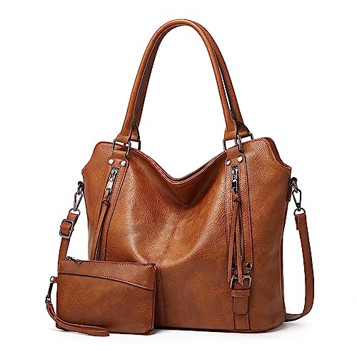 TANTOMI Handtasche Damen, Elegante Vintage Umhängetasche Groß, Weiche Schultertasche Set Damen Crossbody Shopper Tasche mit Abnehmbarem Schulterriemen, Braun