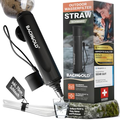 Bachgold Straw Wasserfilter Outdoor Survival – Entfernt 99,99% Viren, Bakterien & Protozoen – 2-Stufen Elektroadsorption mit 70 cm Schlauch – Ultraleicht, für Camping, Wandern & Notfall, Schwarz