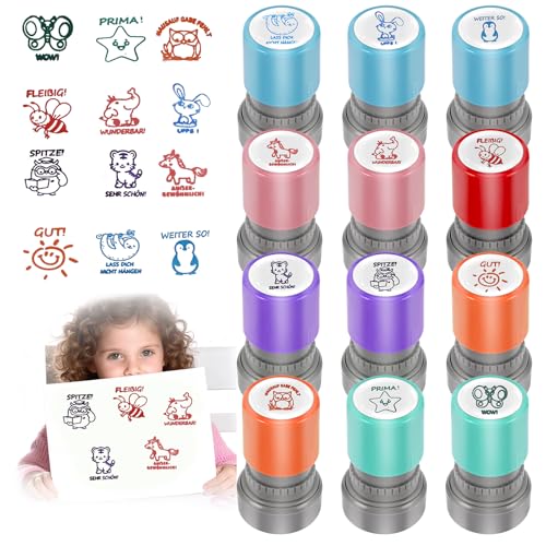 Selbstfärbende Lehrer Stempel, 12 Stück Stempel Lehrer Selbstfärbender, Motivationsstempel Lehrerstempel, Lob Ermutigung Kinder, Bunte Cartoon Lob Deutsch Stempels für Bildung Belohnung Motivation