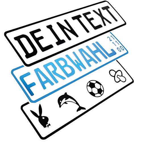 L & P Car Design FKZ 1 Stück Fun Kennzeichen 52cm x 11cm Wunschtext Bohrung Beschichtungsfarbe Individuell Wunschkennzeichen Wunschprägung Namens Kennzeichen Namensschild Farbe Weiss