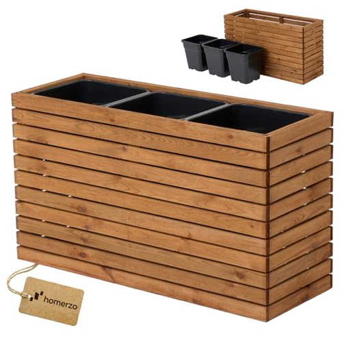 HOMERZO Pflanzkübel Holz – imprägniert wetterfest – mit herausnehmbarem Kunststoffeinsatz – Hochbeet Blumenkasten für Balkon Garten Terrasse (Horizontal-braun 98x36 H55 cm)