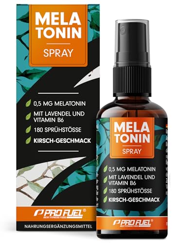 Melatonin Einschlaf-Spray 30 ml - 0,5 mg Melatonin + Lavendel-Extrakt & Vitamin B6 - Melatonin-Spray mit Kirsch-Geschmack (vegan) - laborgeprüft mit Zertifikat - reicht für 180 Anwendungen