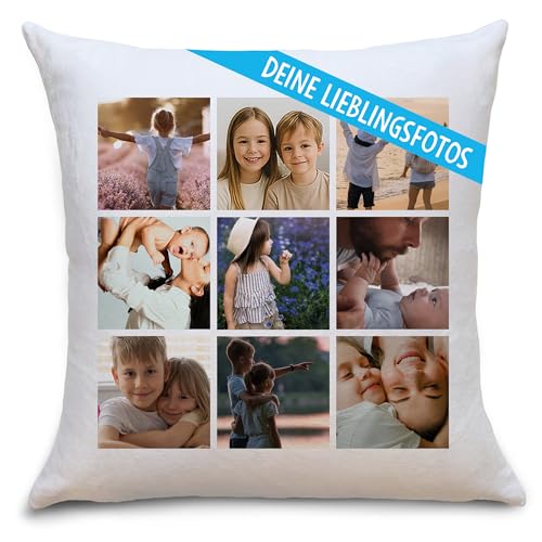OWLBOOK® Personalisiertes Kissen mit Foto Bedrucken Lassen - Fotokissen mit 9 Fotos selbst gestalten - Geschenke zu Weihnachten Foto Kissen 40 x 40 cm weiß zzgl. Füllung