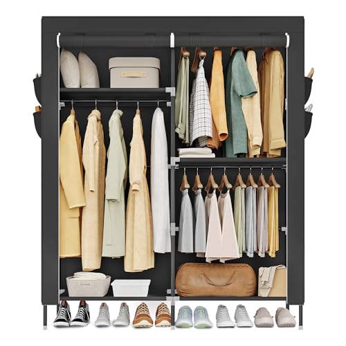 SONGMICS Kleiderschrank, Stoffschrank mit Kleiderstange, 3 Hängefächer