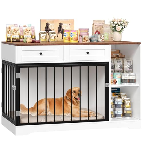 FirFurd Hundekäfig Möbel 120cm breit Hundebox für Zuhause Hundehütte Hundezwinger Hundekäfig aus Metall und Holz Hundebox mit 2 Schubladen 120 x 87 x 60 cm Braun & Weiß