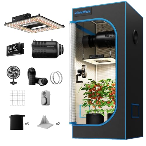 Turbowuchs Turbo1000& 70x70x160cm Growzelt Komplettset 100W LED Grow Lampe Dimmbarer Vollspektrum LM301H EVO Diodes Hydroponics Growing Tent Set Belüftungssystem GrowZelt Kit Komplettes