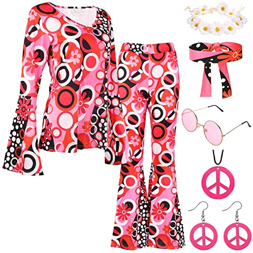 YADODO Hippie Kostüm Damen Set mit Oberteil Schlaghose Accessoires 60er 70er Bekleidung Damen Hippie Kleidung Frauen Disco Outfit 70er Mode Flower Power Boho Faschingskostüm für Motto- Party(L)