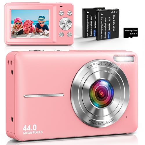 Digitalkamera Kompakte Kamera Fotokamera mit 44MP Foto, 1080P Video, 16X Digitalzoom, 2,4 Zoll IPS Bildschirm, 32GB TF-Karte, 2 Akku für Jugendliche & Jungen, Mädchen Rosa