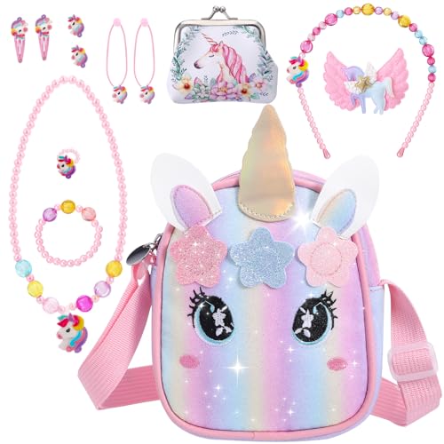 Yamitora Einhorn Handtasche und Schmuck Set für Mädchen - Kinderschmuck Geschenke 2-6 Jahre - Halskette Armband Geburtstagsgeschenk Einhorn Geschenke für Mädchen