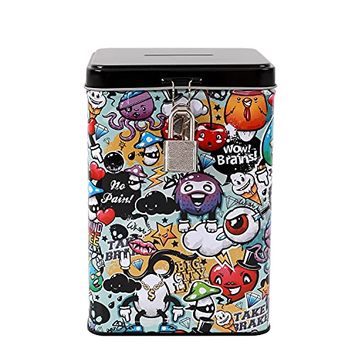 I-TOTAL® – Lustige Spardose mit Vorhängeschloss und Schlüssel, Sparbüchse aus Metall mit Verschluss (Graffiti)