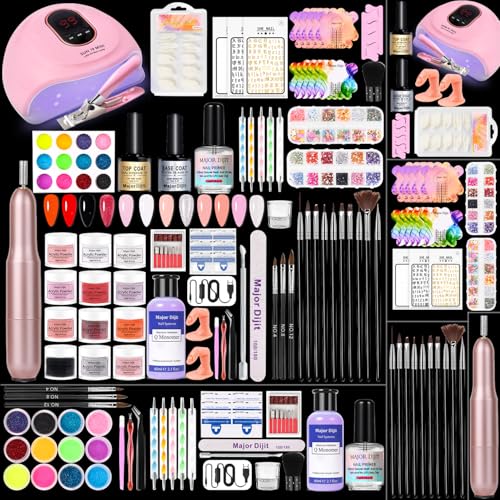 Major Dijit Acryl Nagelset mit Nagellampe, 12 Farben Acryl Pulver und flüssig, Top Coat, Base Coat, Nail Primer und elektrische Nagelbohrer für Gel Nagel Kit, DIY Nail Art Tool