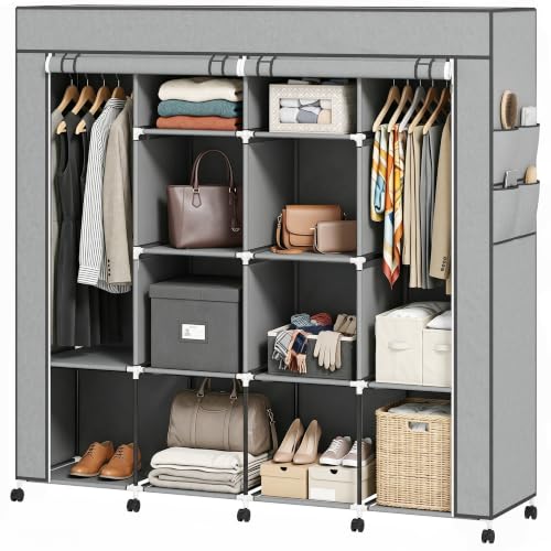 HOMCOM Kleiderschrank mit Kleiderstange Rollen 166x42,5x167 cm Dunkelgrau