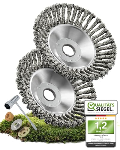 FISO® Profi Unkrautbürste - 2 Stück I Universal Wildkrautbürste für Motorsense - 25,4mm Bohrung & 20mm Adapter I Drahtbürste Freischneider für effektive Unkrautentfernung I Unkraut Bürste
