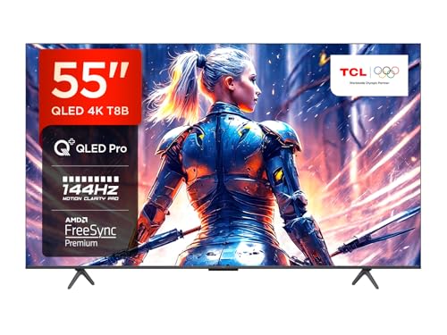 TCL 55T8B 55-Zoll QLED Pro 144Hz Onkyo Gaming Fernseher, 4K UHD, HDR Pro, Google TV (Dolby Vision IQ & Atmos, Motion Clarity, Freihändige Sprachsteureung, Kompatibel mit Google Assistant & Alexa)