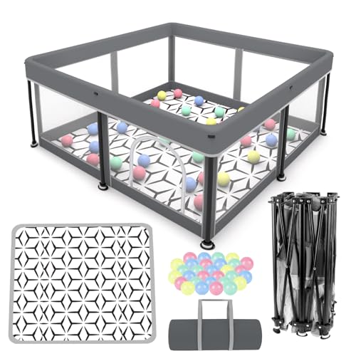 Laufstall Faltbar Baby Playpen with Mat - 127x127CM-Laufgitter, Schneller Aufbau, Sicher & Tragbar für drinnen & draußen (Grau)