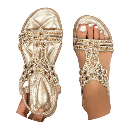 Glitzer Sandaletten für Damen Flach Boho Sandalen - Sommer Bequem Breite Füße Damensandalen & Slides - Frauen Elegant Sommer Schuhe Sommerschuhe Weite H,02 Gold,40/EU