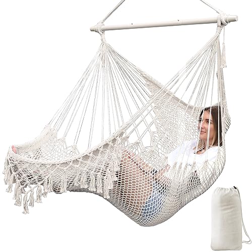 Chihee Hängesessel handgefertigter Hängesessel aus Baumwollseil gewebter Sitz weich gesponnen große Dehnbare Hängematte, zusammenklappbar stabile Metallspreizstange, Elegante Tassel drinnen draußen