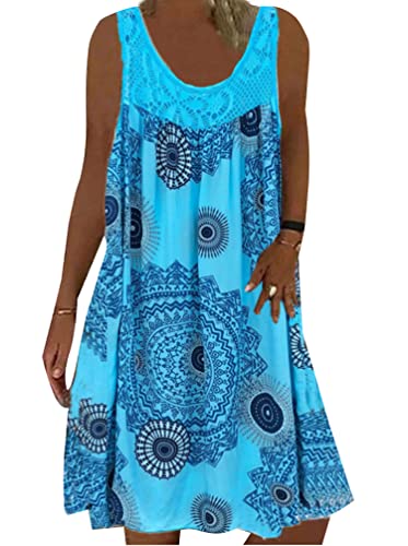 Minetom Sommerkleid Damen Rundhals Spitze Druck Strandkleid A-Linie Kleid Knielang Tunika Kleider Ärmellos T-Shirt Kleid A Hellblau 3XL