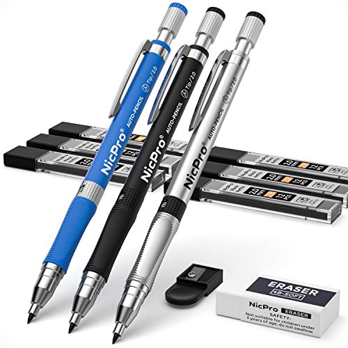 Nicpro 3 Stücke Druckbleistifte Set Fallminenstift Mechanische Bleistifte 2mm mit 6 Dosen Bleimine (HB 2B), Radiergummis, Anspitzer für Schreiben Zeichnen