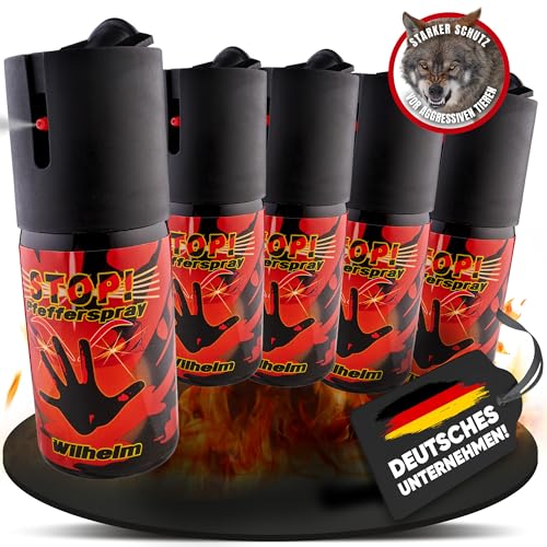 5 x Wilhelm Pfefferspray 40 ml Tierabwehr Selbstverteidigung CS Gas KO Spray hochdosiert (ca. 2 Mio. Scoville) effektives Verteidigungsspray