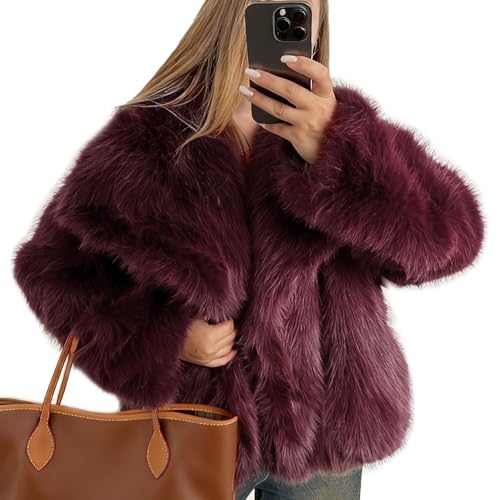 Flygo Damen Kunstpelz Mantel Flauschige Kunstpelz Jacke Langarm Revers Pelzig Winterjacken Shaggy Parka Kurzmantel, Weinrot, M