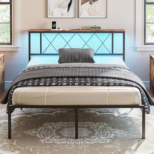 IRONCK Bett 140x200 mit LED Beleuchtung, Bettgestell 140x200 mit Steckdose, 1 USB, 1 USB-C-Anschlüsse, Metallbett mit Kopfteil und Stauraum, Jugendbett, Doppelbett mit Metal Lattenrost