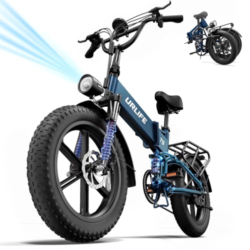 URLIFE Klapprad Elektrofahrrad, 20 * 4.0 Zoll Fat Tire E Bike Herren mit 48V 13AH Herausnehmbarer Akku, Lange Reichweite bis 80-100KM, Vollfederung für Alle Geländearten 7-Gang (Midnight Blue)