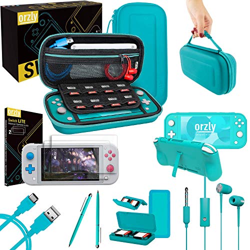 Switch Lite zubehör für Nintendo Switch Lite tasche hülle Panzerglas Schutzfolien, USB Ladekabel, Konsole Tragetasche, Spiele Patronenhülse,Comfort Grip Case, Kopfhörer- Türkis Blau yellow Koralle