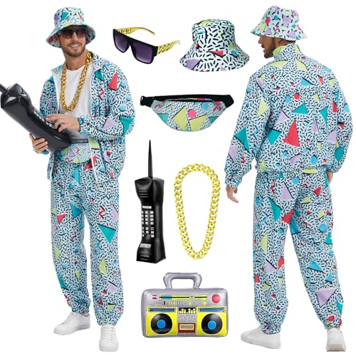80er Jahre Outfit Herren Set, 90er Retro Trainingsanzug Herren, Streetwear Hip-Hop Karneval Kostüm Jacke Und Hose, Fasnachtskostüme, Cosplay Kleidung (Grün, L)