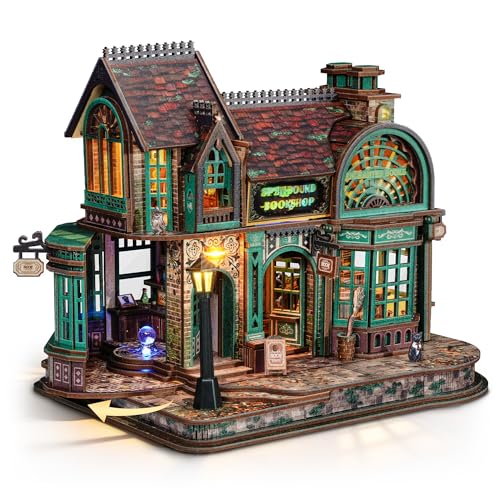 FUNPOLA 3D Holzpuzzle Magischer Buchladen mit LED-Lichtern – DIY Miniatur-Bausatz, Zauberbuchhandlung, Wohnkultur-Display und kreatives Geschenk für Erwachsene und Jugendliche